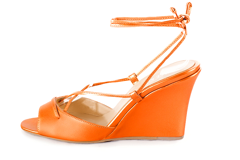 Apricot orange women's open back sandals, with crossed straps. Round toe. High wedge heels. Profile view - Florence KOOIJMAN